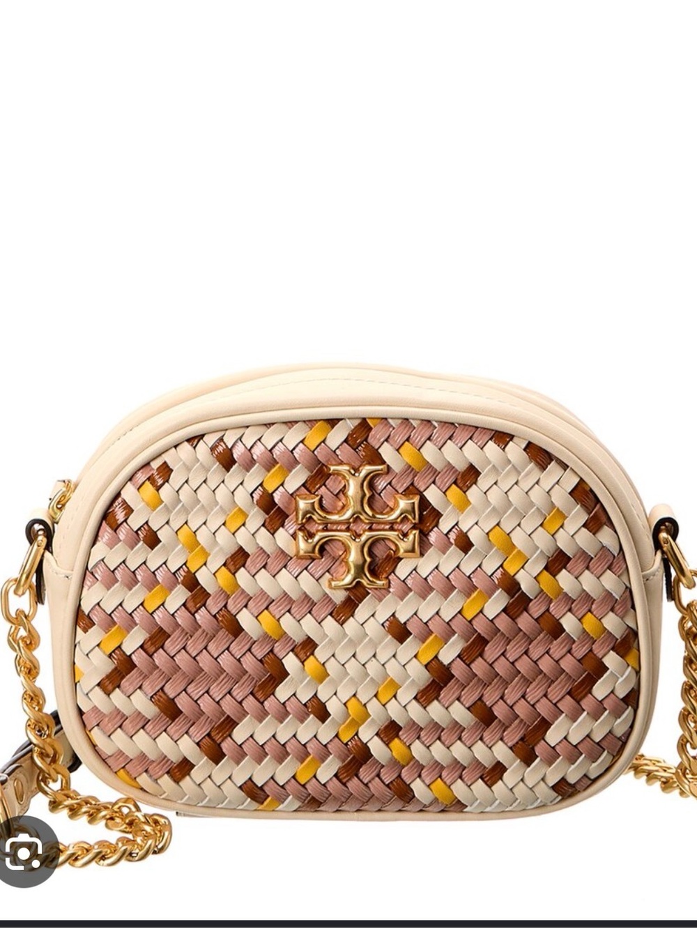 Tory Burch KIRA Woven Cream, Brown & Yellow Crossbody with Gold Logo